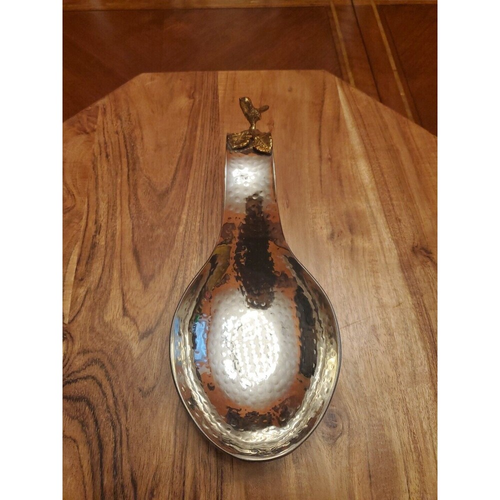 Silver Metal Spoon Rest With Gold Leaves &a Bird 4" X 9.5"